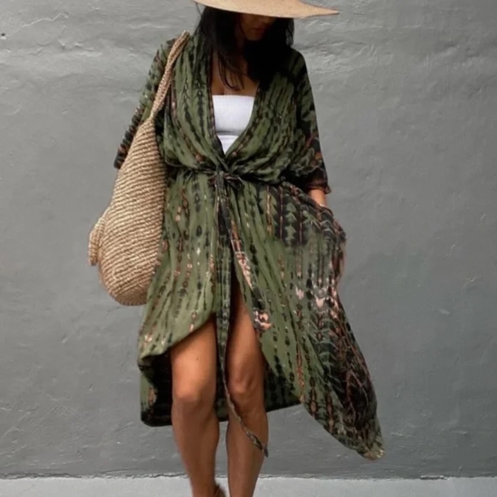 SOLD OUT Olive Green Tie Dye Boho Swim Coverup Kimono Robe - Picture 1 of 6